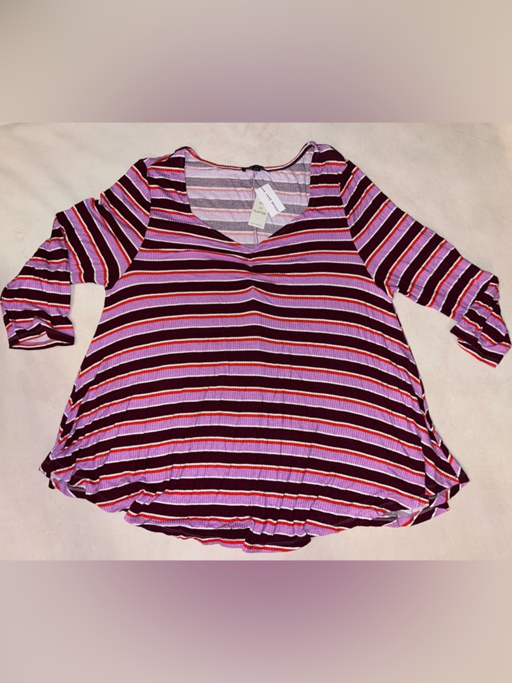 Lane‎ Bryant Striped V-Neck Tee in Purple, Burgundy & Pink